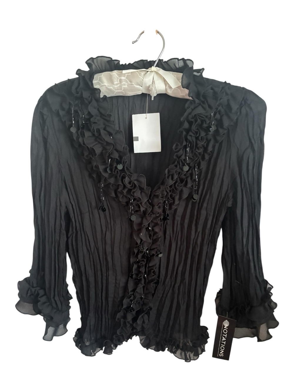 NOTATIONS Black Ruffled Sheer Blouse with Bead Trim Size M NWT